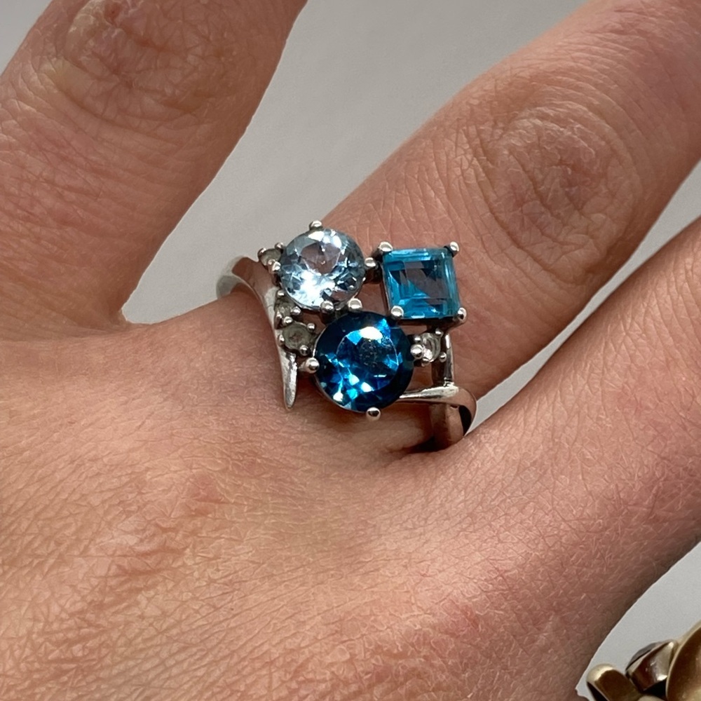 Vtg Sterling Topaz & Diamond Gemstone Cluster 925 Silver Ring | Sz 8.25 - Picture 13 of 16